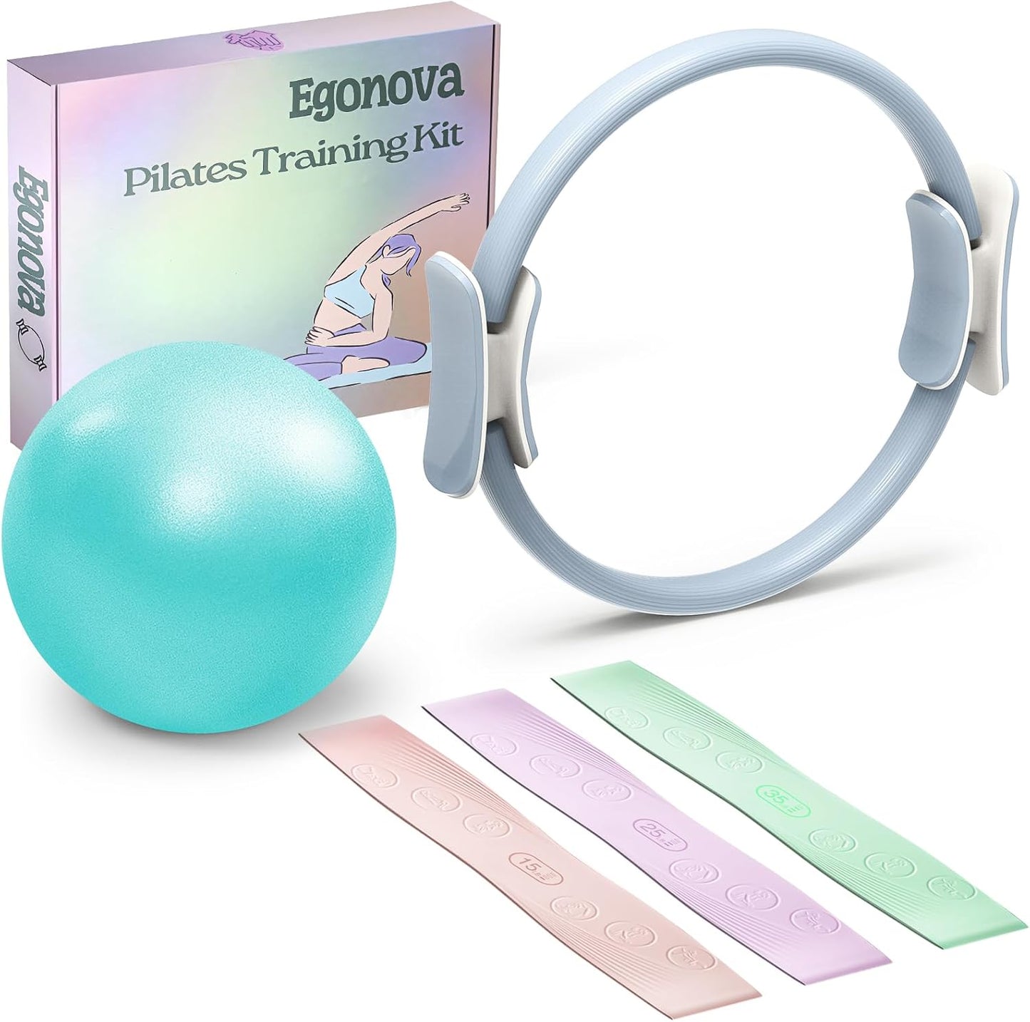 Pilates Ring Set: 14-Inch Magic Circle with Dual Padded Handles, Pilates Mini Ball, and Resistance Bands (15, 25, 35 lbs)