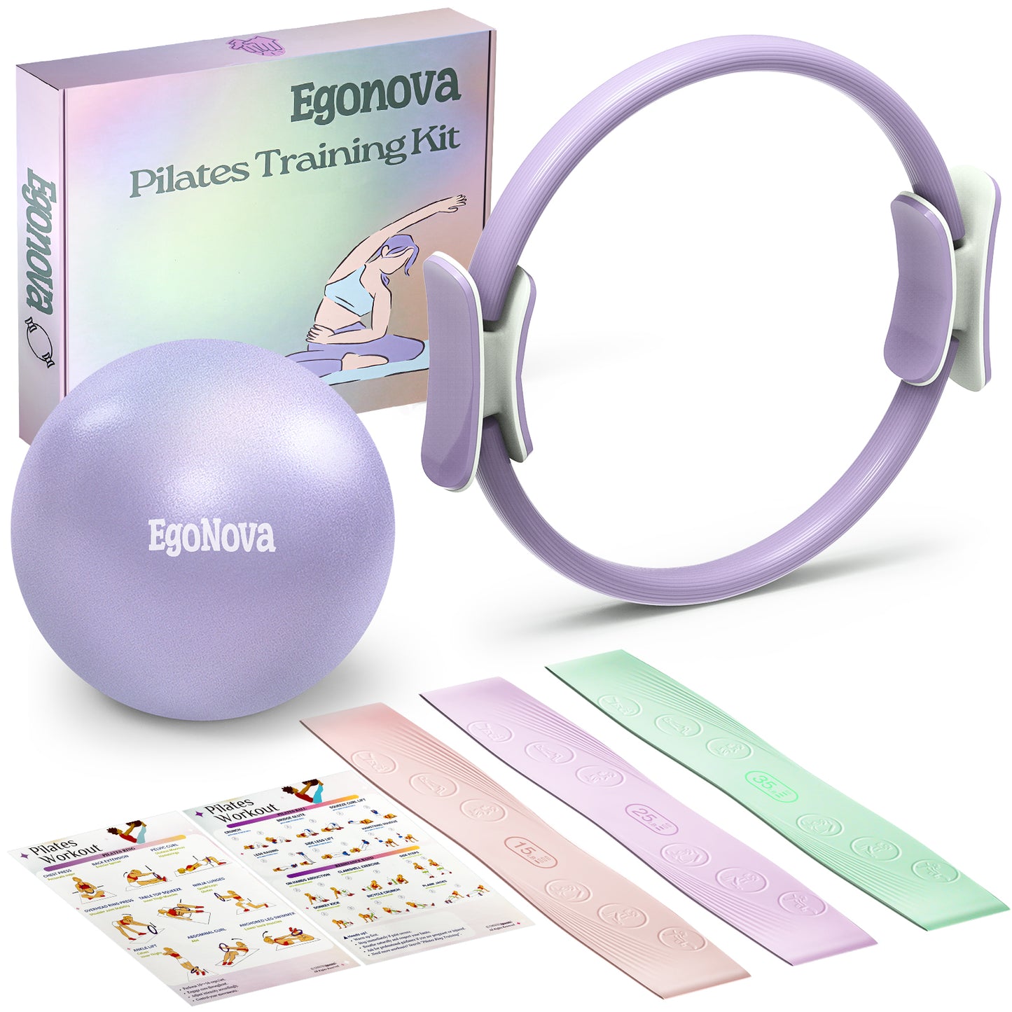 Pilates Ring Set: 14-Inch Magic Circle with Dual Padded Handles, Pilates Mini Ball, and Resistance Bands (15, 25, 35 lbs)