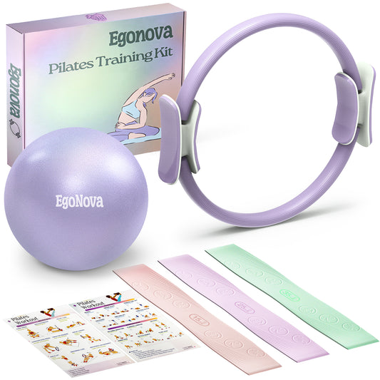 Pilates Ring Set: 14-Inch Magic Circle with Dual Padded Handles, Pilates Mini Ball, and Resistance Bands (15, 25, 35 lbs)