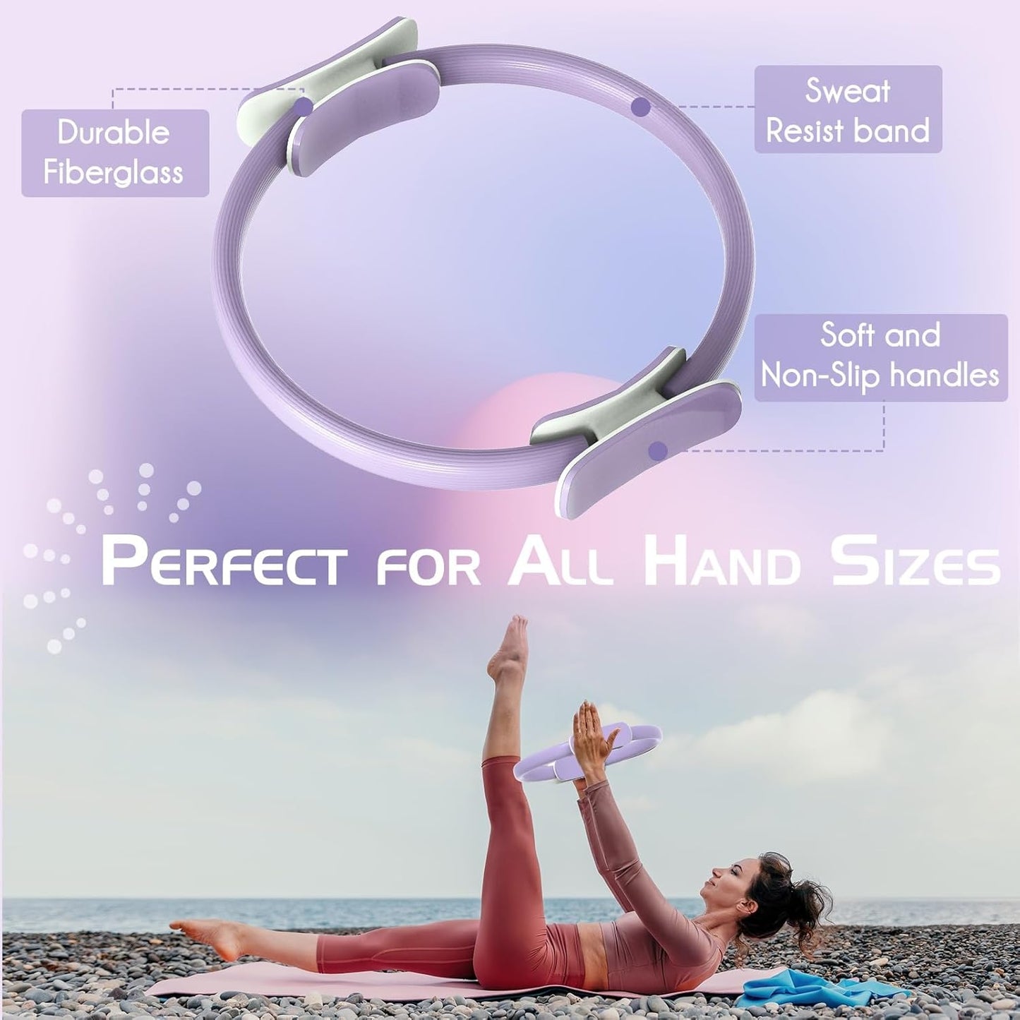 Pilates Ring Set: 14-Inch Magic Circle with Dual Padded Handles, Pilates Mini Ball, and Resistance Bands (15, 25, 35 lbs)