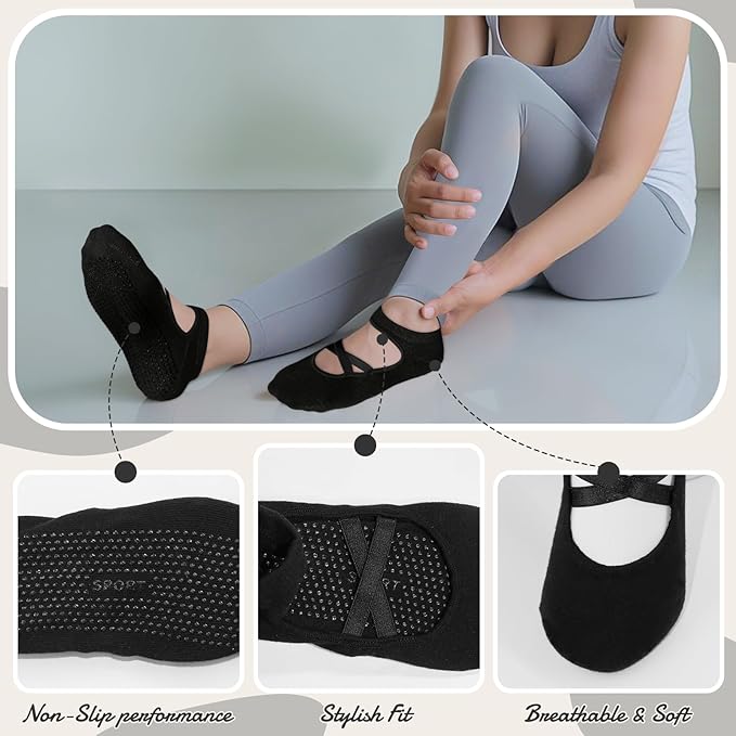 Pilates Socks with Grips for Women（Set of 2, 2 colors）– Non-Slip Grip Socks for Pilates, Yoga, Barre & Dance