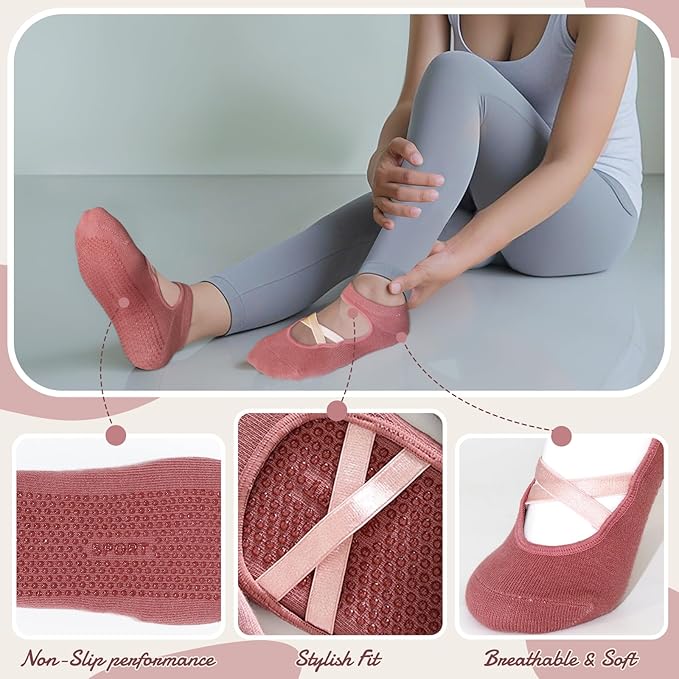 Pilates Socks with Grips for Women（Set of 2, 2 colors）– Non-Slip Grip Socks for Pilates, Yoga, Barre & Dance