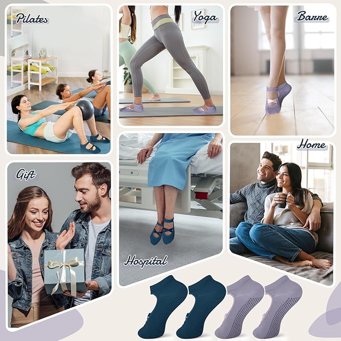 Pilates Socks with Grips for Women（Set of 2, 2 colors）– Non-Slip Grip Socks for Pilates, Yoga, Barre & Dance