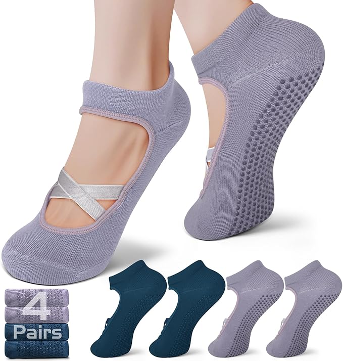 Pilates Socks with Grips for Women（Set of 2, 2 colors）– Non-Slip Grip Socks for Pilates, Yoga, Barre & Dance