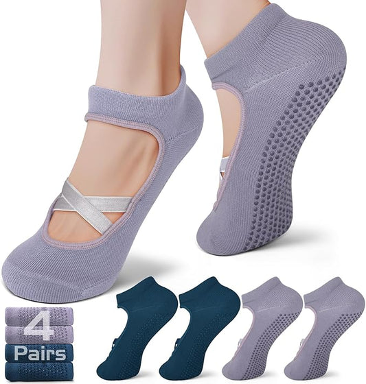 Pilates Socks with Grips for Women（Set of 2, 2 colors）– Non-Slip Grip Socks for Pilates, Yoga, Barre & Dance