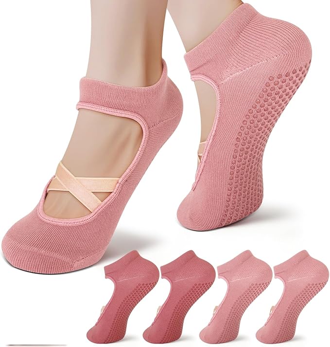 Pilates Socks with Grips for Women（Set of 2, 2 colors）– Non-Slip Grip Socks for Pilates, Yoga, Barre & Dance