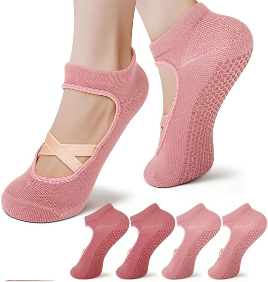 Pilates Socks with Grips for Women（Set of 2, 2 colors）– Non-Slip Grip Socks for Pilates, Yoga, Barre & Dance
