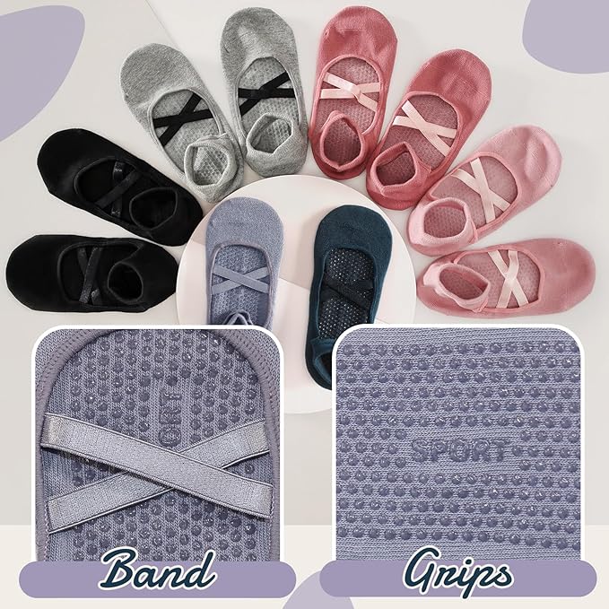 Pilates Socks with Grips for Women（Set of 2, 2 colors）– Non-Slip Grip Socks for Pilates, Yoga, Barre & Dance