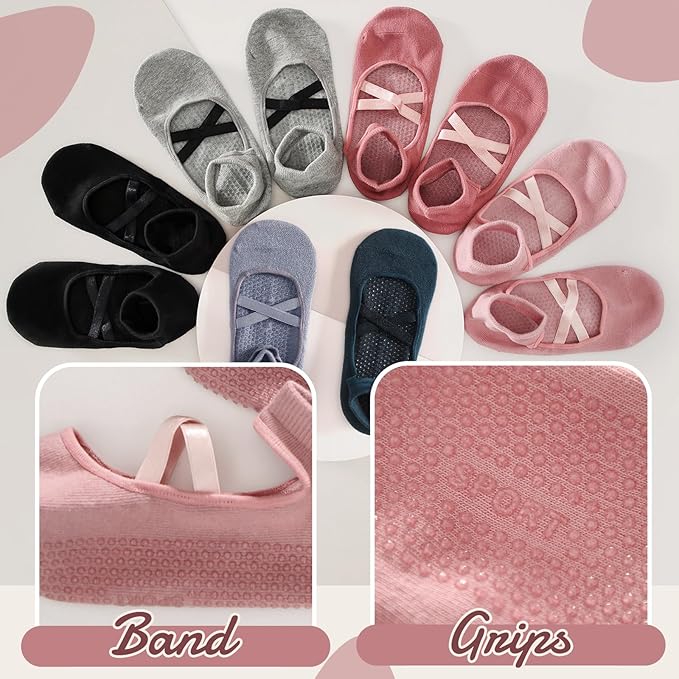 Pilates Socks with Grips for Women（Set of 2, 2 colors）– Non-Slip Grip Socks for Pilates, Yoga, Barre & Dance