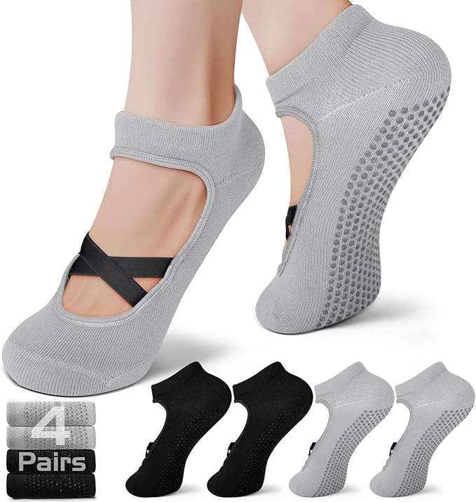 Pilates Socks with Grips for Women（Set of 2, 2 colors）– Non-Slip Grip Socks for Pilates, Yoga, Barre & Dance
