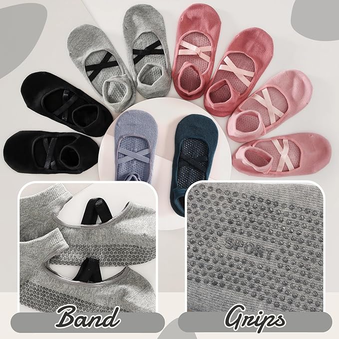 Pilates Socks with Grips for Women（Set of 2, 2 colors）– Non-Slip Grip Socks for Pilates, Yoga, Barre & Dance